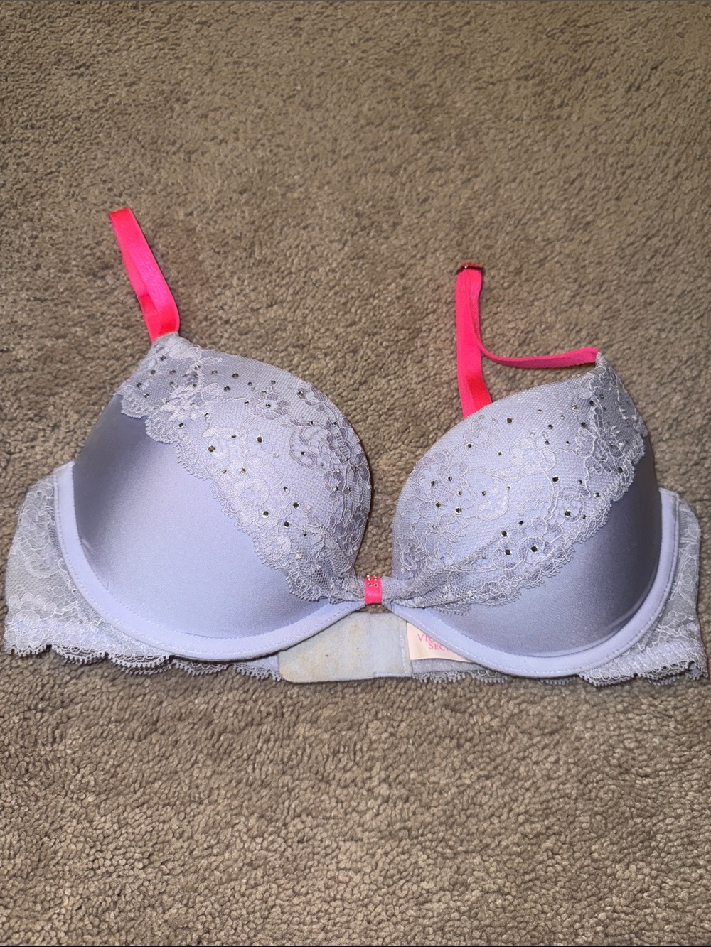 Women's Lace-Trim Padded Bra with Hot Pink Straps